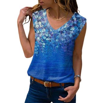 Casual V-cuello impreso floral basando la camisa de las mujeres suelta la camiseta sin mangas 