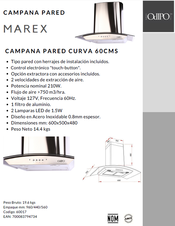Campana Marex 60cms Cristal Curvo Tipo Pared Control Electrico