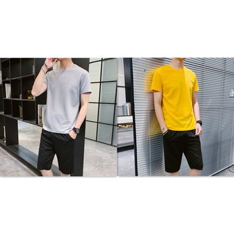 amarillos Traje deportivo de manga corta 2 en 1 para hombre Camiseta casual de 2 piezas de alta calidad Pantalones grises 