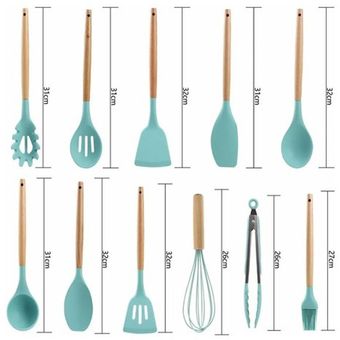 GENERICO Juego Utensilios de cocina silicona con madera 10 pcs Verde