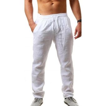 Pantalones de lino y algodón para hombre,pantalón informal,cómodo,de lino de color liso,transpirable,con cintura elástica,ropa de calle suelta,para verano #Navy 