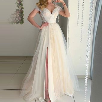 Vestido de novia con escote en V y abertura para mujer traje de dama de  honor con apliques de encaje para fiesta de noche y baile 2021 | Linio Perú  - QI506FA0BBLNHLPE