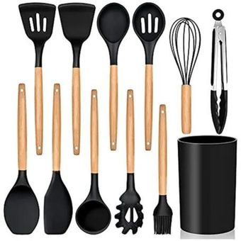 Kit X9 Utensilios De Cocina Antiadherentes Silicona Negro