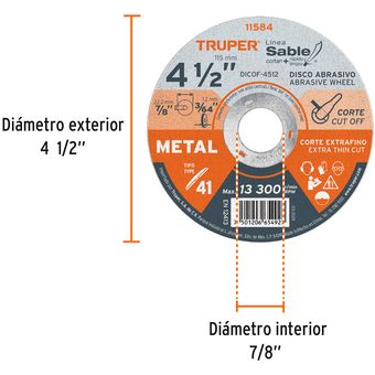 Disco De Corte Para Metal Plano 115 Mm ( 4 1/2 )X 1.2Mm (3/64)X 22.2Mm  (7/8)