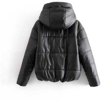 chaqueta grue Abrigo negro de piel sintética con capucha para mujer 
