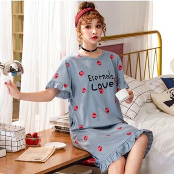 #cartoon 7 Las mujeres de algodón de verano pijamas de manga corta coreano sueltos de talla grande 5XL ajuste 90 kg camisón mujer de impresión de dibujos animados vestido de noche 