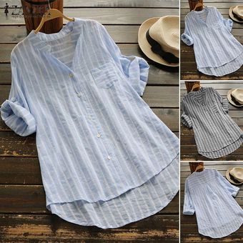 ZANZEA asimétrico largo tapas de la camisa informal-Azul 