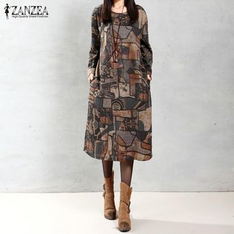 ZANZEA Otoño Mujer Vintage Midi Dress Manga larga Cuello redondo Bolsillos  Estampado geométrico Casual Bata suelta Vestidos (Café) -marrón | Linio  Colombia - ZA402FA13TKH0LCO