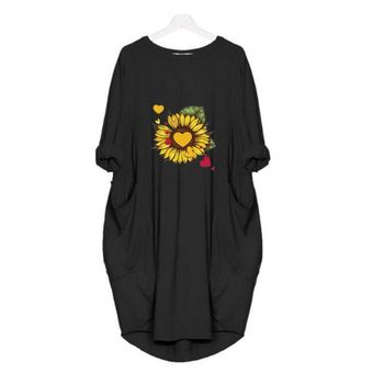 Mini vestido de camiseta largo de manga corta con bolsillo suelto para mujer Negro 