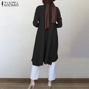 Botón ZANZEA Mujeres Musulmanas de manga larga Camisa floja ocasional remata la blusa Blanco 
