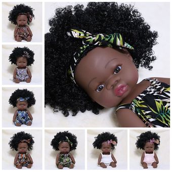 35CM Black Reborn Baby Dolls For Girl Boy Body Full Silicone Bebe Reborn Toddler Black Curly Hair D 