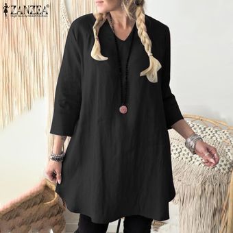 ZANZEA algodón de las mujeres del verano remata la camisa de las señoras de Elegent Llanura flojos 34 blusa de la manga Tee Negro 