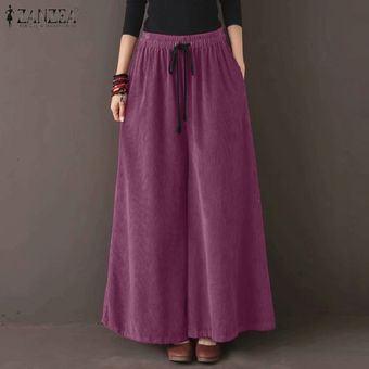 ZANZEA mujeres feas llamarada pierna ancha pantalones de pana elástico de la cintura Pantalón chino Púrpura 