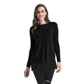 Otoño Invierno Women Sweater O-cuello Color Sólido Borlas De Moda Camisa Tejida Negro