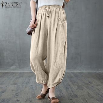 Beige Pantalones largos de algodón para mujer ZANZEA elástico Harem pantalón chino pierna ancha Plus 