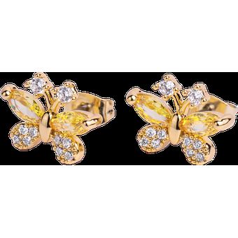 LuckyLy Aretes Mujer Oro 14k Mariposas con Cristal y Zirconias