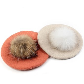 boina ligera de lana para mujer  sombrero femenino con pompón de piel de mapache  boina Retro  sombrero panadero para dama  sombreros elegantes cálidos de invierno   black white 