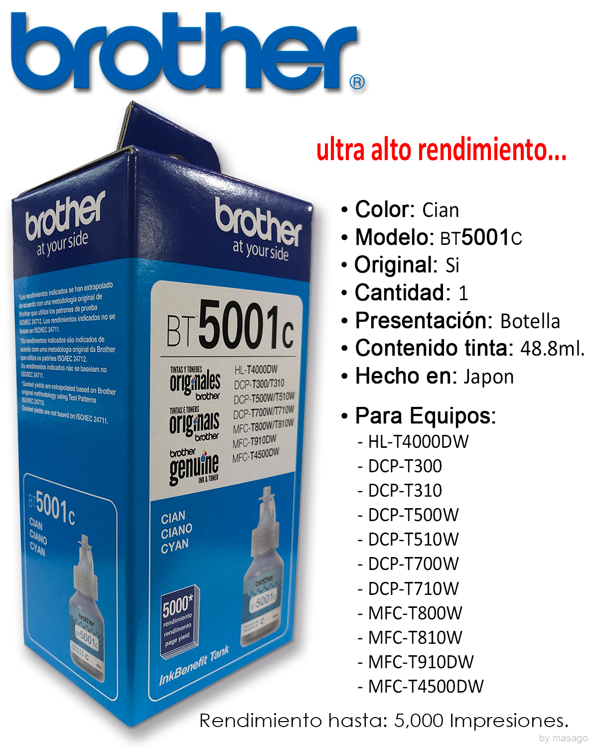 Combo 4 Botella Tinta Brother 1 Bt6001kb 1 Bt5001c 1 Bt5001m 1 Bt5001y