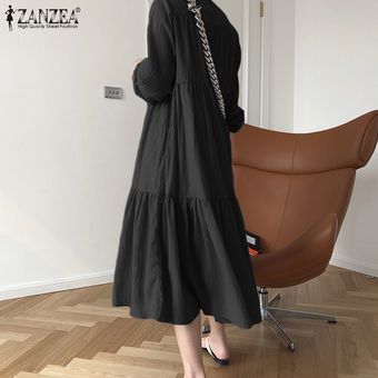 Negro Las mujeres ZANZEA completa o-cuello de oscilación de gran tamaño Vestido evasé Vestido Kaftan Plus 