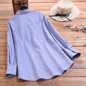 Azul Botón de manga larga con cuello ZANZEA la venta de separación de las mujeres camisas sólido Alto Bajo suelta remata la blusa 