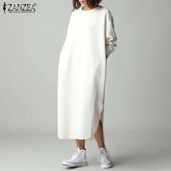 Manga mujeres ZANZEA completa Jumper Suéter holgado vestido largo vestido de suéter Plus Blanco 