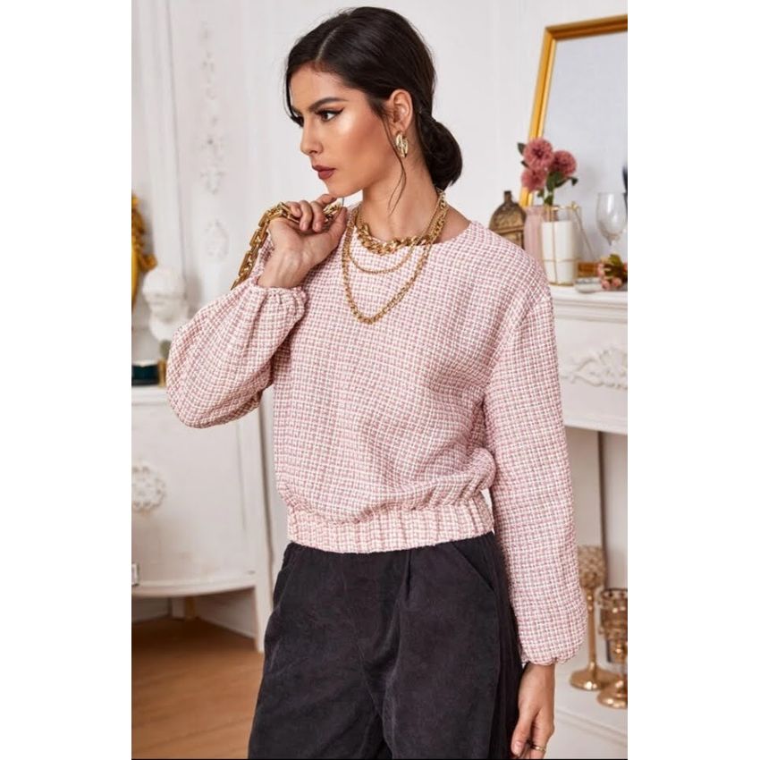 SHEIN Blusa elegante tweed rosa a cuadros