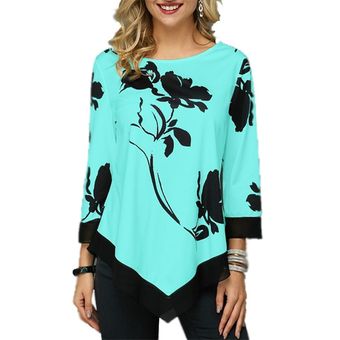 Novedad camisa para mujer,Primavera Verano,blusa con estampado Floral,manga 34,inform #1183 Green 