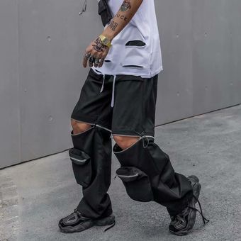 Hip Hop Zipper Detachable Tactical Pants Men Multi Pockets Functional Streetwear Oversized Joggers Trousers WAN（#Black） 
