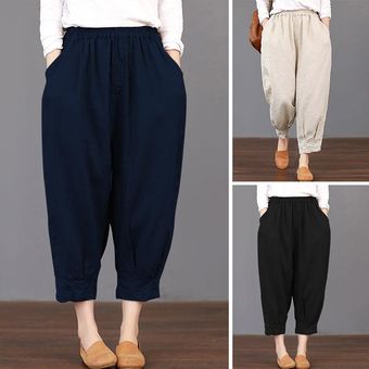 Beige ZANZEA Loose Women básico de cintura alta Pantalones Capris cosechado más el tamaño de los pantalones 