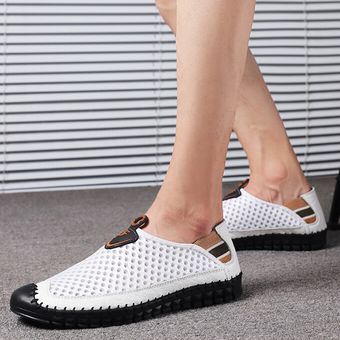 Verano Zapatos de malla transpirables de cuero hechos a mano de gran tamaño Zapatos de vadeo al aire libre Blanco 