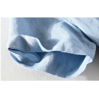 Camisas Lino Algodón Suave Manga Corta Para hombres-Azul 