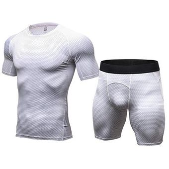 Conjunto de para correr para hombre camisetas ajustadas para Fitness pantalones cortos Demix chándal para resaltar los músculos #White novedad de traje deportivo para gimnasio 