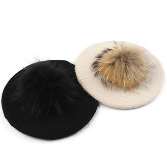 boina ligera de lana para mujer  sombrero femenino con pompón de piel de mapache  boina Retro  sombrero panadero para dama  sombreros elegantes cálidos de invierno   black white 
