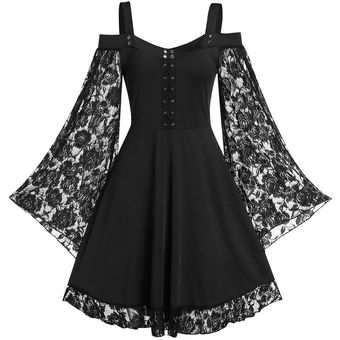 #Black Vestido gótico de talla grande para mujer,de retazos Vintage Encaje,con tiras finas,estilo gótico 