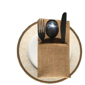 Lote de 100 unidslote de cubiertos rústicos de arpillera bolsillo para cubiertos para boda bolsillo para cuchillo y tenedor para decoración de mesa de fiesta de matrimonio WAN 
