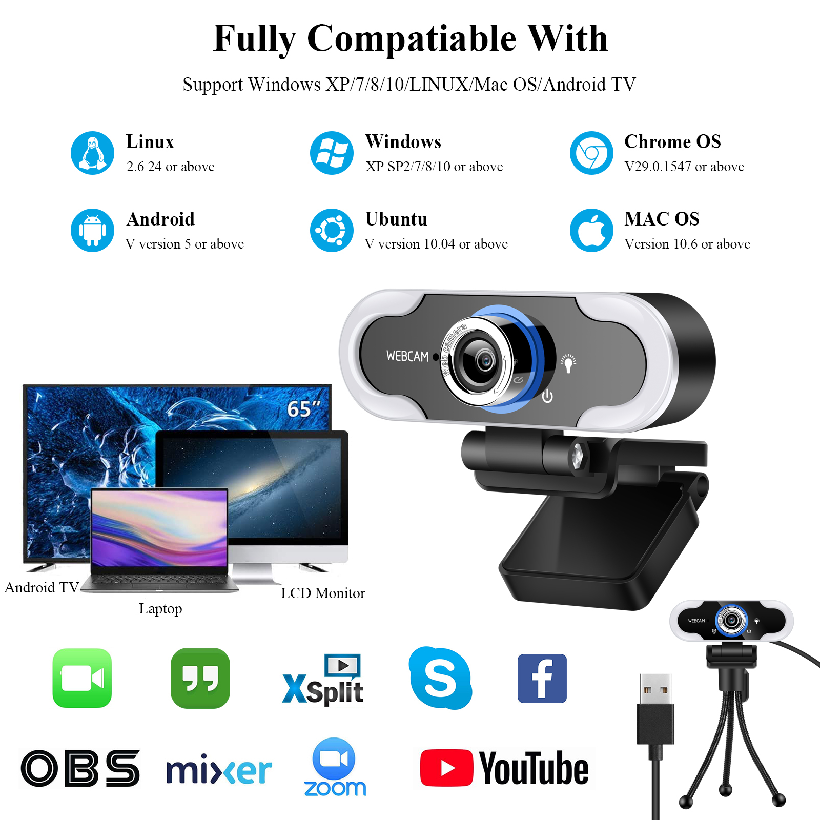 Webcam Full HD 1080P cámara Web Con luz de relleno