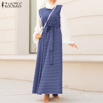 Viajes ZANZEA Muslimah Mujeres Musulmanas de la llamarada de la manga cuadrícula impresa correa de cintura del vestido largo Holiady Armada 