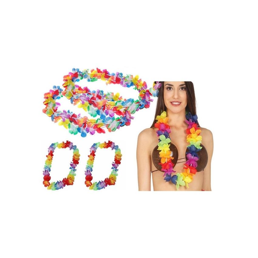 Tema de Playa 6PCS Flores Hawaianas Guirnalda Coloridos Hawaiana Collar Pulsera Collares de Colores Guirnaldas con 12 Pulseras 6 Diademas y 6 Collares Decoración de Fiesta para fiestas de verano 