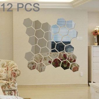 Juego de pegatinas de pared de espejo hexagonal 3D de 12 piezas 