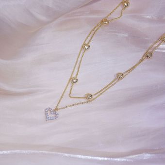 Gold Color Double Layer Heart Necklace Shining Bling AAA Z ~ 