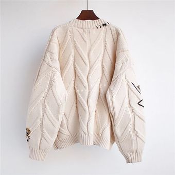 #1 Cárdigan de punto cálido para mujer,Chaqueta con bolsillo bordado,cárd~ 