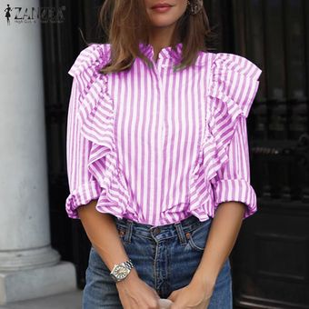 ZANZEA para mujer de la blusa floja ocasional de la camisa rayada Oficina de manga larga ropa de arriba Plus Rosa 