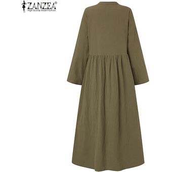 ejercito verde Vestido de las mujeres de la vendimia de la tarde ZANZEA sólido largo del vestido de gran tamaño suéter de las señoras 