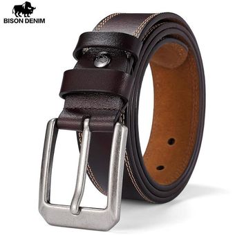 Bison-Cinturón De Piel De Vaca Para Hombre Correa De Cuero Genuino Con Personalidad Hebilla De Calidad Marrón Vintage N71223 