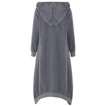 ZANZEA Moda completo de la manga larga encapuchada de la chaqueta de la cremallera Bolsillos dobladillo irregular de la capa Fleece sólido caliente invierno de las mujeres a prueba de viento básico Outwear Gris oscuro 