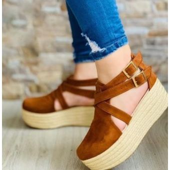 Verano mujeres cuña vintage con sandalias mujer hebilla de sandalias 