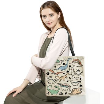 Bolso de mano de lino con estampado de dinosaurio para mujer bolsa 