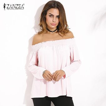 ZANZEA Camisas con descubiertos 2018 Primavera Blusas de mujer Casual Elegante Slash Neck Manga larga Blusas sólidas Tops Tallas grandes de gran tamaño Rosa -Rosado | Linio - ZA184FA05AO1LLMX