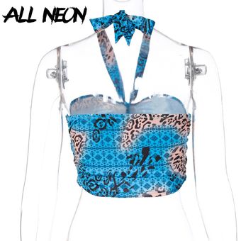 Y2K moda camuflaje ahuecado vendaje Cropped Tops estilo Punk cuello Halter con espalda descubierta Tank Tops Vintage Rave e girl trajes blue 