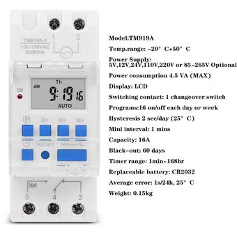 Interruptor 16A electrónico semanal 7 Días Tiempo programable digital temporizador de retransmisión Blanco 85-265VAC TM919A-K 